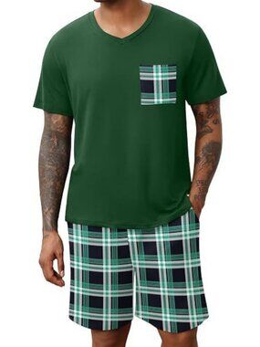 Mens V Neck Pajama Set Short Sleeve Sleepwear with Drawstring Shorts and Pockets